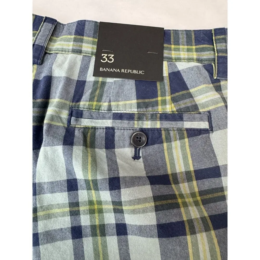 NWT Banana Republic Men's Plaid Shorts Preppy Golf Flat Front Blue Men Size 33